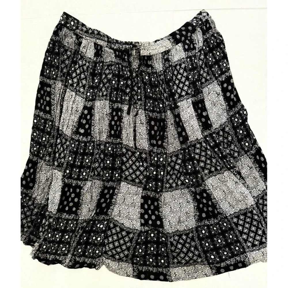 Patchwork Skirt 2XL XXL Black White Boho Hippie Drawstring Gauze Samantha’s